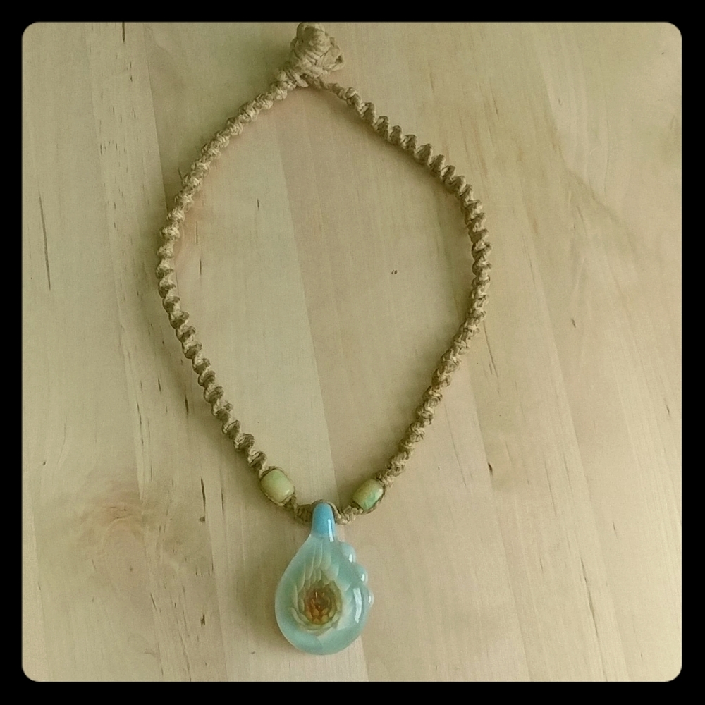 Glass Glown Bead Braided Hemp Necklace